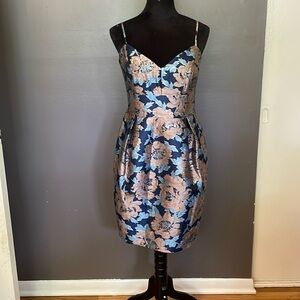 Pink and blue metallic floral cocktail dress